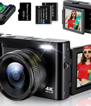4K Digital Camera for Photography, UHD Autofocus 48MP 180° Flip Screen 16X Zoom Compact Point Shoot Vlogging Camera for YouTube with 2 Batteries, 32GB Card (Black)