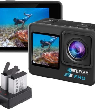 Dual Screen Action Camera 1080P Waterproof Camera 4*Zoom 131FT(40m) Waterproof Underwater Cameras with 2X 1050mAh Batteries and Multifunctional Accessories Sports Cameras
