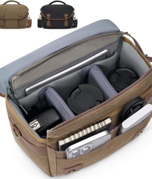 RAINSMORE Canvas Camera Bag, DSLR/SLR/Mirrorless Small Camera Sling Bags Cross-body Camera Case, Compact Shoulder Bag for Photographers with Rain Cover Vintage Sling Bags for Men and Women, Khaki