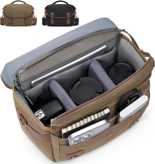 RAINSMORE Canvas Camera Bag, DSLR/SLR/Mirrorless Small Camera Sling Bags Cross-body Camera Case, Compact Shoulder Bag for Photographers with Rain Cover Vintage Sling Bags for Men and Women, Khaki