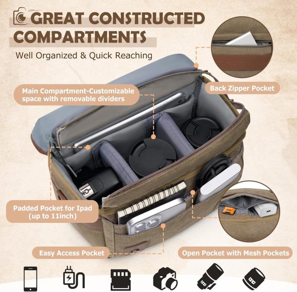 RAINSMORE Canvas Camera Bag, DSLR/SLR/Mirrorless Small Camera Sling Bags Cross-body Camera Case, Compact Shoulder Bag for Photographers with Rain Cover Vintage Sling Bags for Men and Women, Khaki - Image 3
