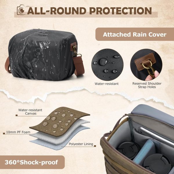 RAINSMORE Canvas Camera Bag, DSLR/SLR/Mirrorless Small Camera Sling Bags Cross-body Camera Case, Compact Shoulder Bag for Photographers with Rain Cover Vintage Sling Bags for Men and Women, Khaki - Image 4