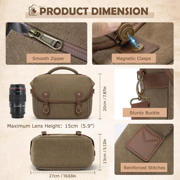 RAINSMORE Canvas Camera Bag, DSLR/SLR/Mirrorless Small Camera Sling Bags Cross-body Camera Case, Compact Shoulder Bag for Photographers with Rain Cover Vintage Sling Bags for Men and Women, Khaki - Image 5